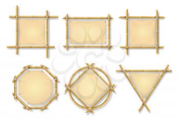 Bamboo frames. Chinese wooden stick signs with blank papyrus banners. Old billboard isolated vector set. Illustration of bamboo frame banner, tropical natural stick with empty panel