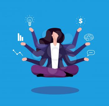 Multitasking businesswoman. Office manager administrator doind professional tasking. Effective management vector concept. Lady multitasking business busy, businesswoman manager illustration