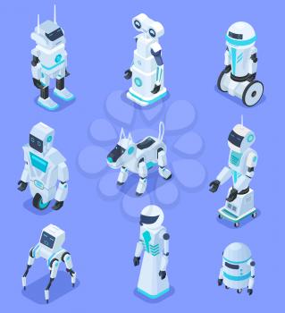 Isometric robots. Isometric robotic home assistant security robot pet. Futuristic 3d robots with artificial intelligence. Vector set of robot intelligence for assistant, multitasking ai illustration