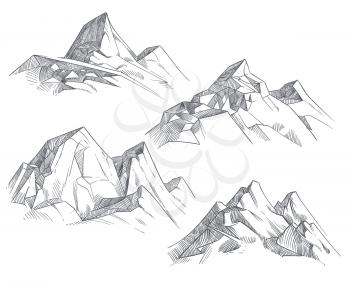 Hand drawing mountain peaks isolated retro etching sketch vector illustration. Sketch drawing peak line. engraving graphic landscape