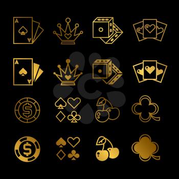 Golden casino, gambling, poker line and silhouette vector icons of set isolated illustration
