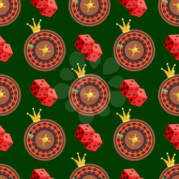 Casino and poker seamless pattern with dice and roulette on green. Vector illustration