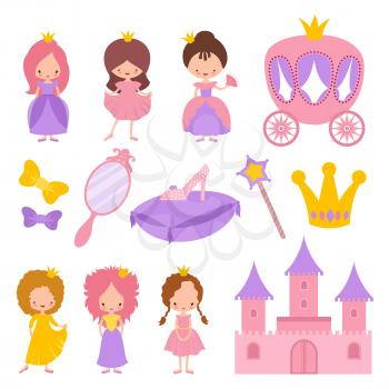 Cute little princess with crown and fairy-tale vector elements. Doll character in dress, design cartoon queen from fairytale illustration