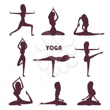 Yoga exercises and meditation female silhouettes isolate on white background. Vector illustration