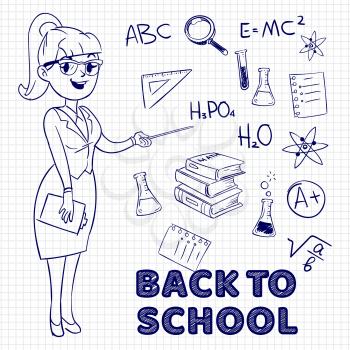 Hand drawn young female teacher and school elements. Back to school vector concept illustration