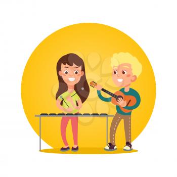Happy children musicians with musical instruments. Talented kids playing music. Vector illustration