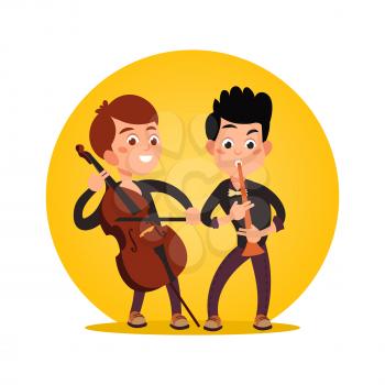 Two male teenagers playing classic instrumental music icon isolated on white. Vector illustration