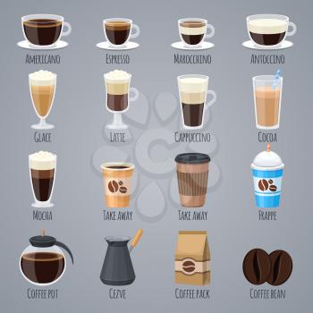 Espresso, latte, cappuccino in glasses and mugs. Coffee types for coffee house menu. Flat vector icons set drink beverage, morning caffeine aroma illustration