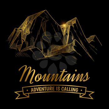 Golden mountains adventures emblem design. Hand drawing mountain landscape vector illustration isolate on black