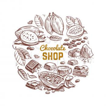 Chocolate shop vector emblem design with sketched cocoa beans and chocolate bars isolated on white background illustration