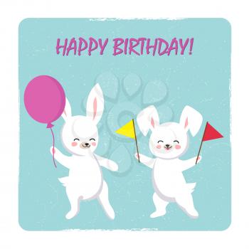 Birthday postcard template with two happy bunnies with balloon and flags. Vector banner poster illustration