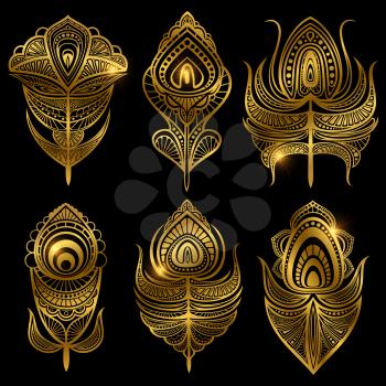 Set of golden feathers vector isolated on black background illustration