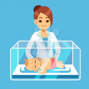 Pediatrician doctor and little newborn baby inside incubator box in hospital. Neonatal, prematurity, child care medical vector concept. Illustration of infant and medical doctor neonatologist
