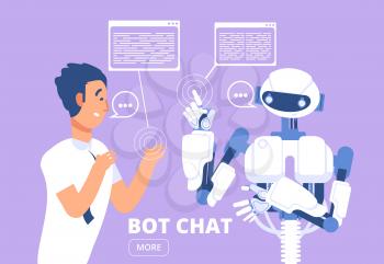 Chatbot concept. Man chatting with chat bot. Customer support service vector illustration. Chat with robot, service communication support