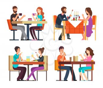 Couples table. Man, woman having coffee and dinner. Conversation between guys in restaurant. Vector cartoon characters in romantic date. Illustration of romantic meeting in restaurant, man and woman