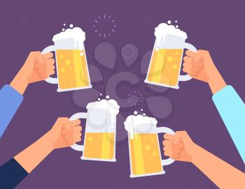 Hands holding beer glasses. Cheerful people clinking. Mates drinking beer in bar. Vector background. Beer toast, hand with glass drink, beverage toasting illustration