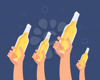 Hands with beer bottles. Excited girls and men toasting beer. Hanging out friends vector concept. Beer party in pub, hold drink beverage, toasting alcohol illustration