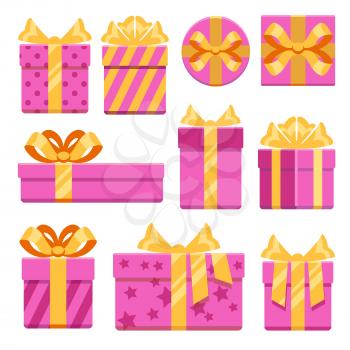 Pink gift boxes with ribbon bows vector icons set. Christmas gifts with ribbon bow illustration