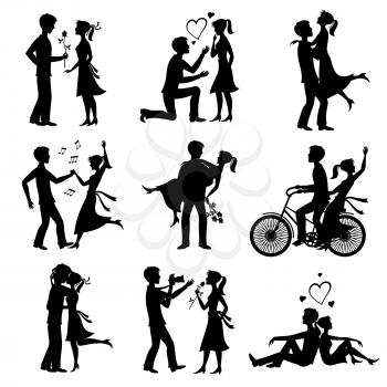 Happy couples in love just married bride and groom vector black silhouettes. Black bride and groom, wife and husband, wedding woman and man illustration