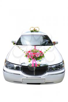 The white wedding car decorated with flowers on a white background.