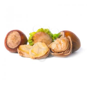 Pile of filbert nuts with green leaf isolated on white