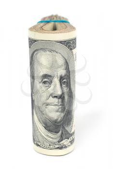 Stack of money- cash of US dollars with Benjamin Franklin isolated on white background
