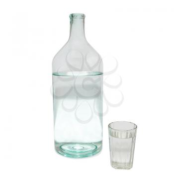Transparent bottle and glass isolated on white.