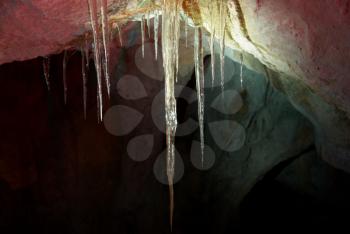 Ice stalactites in the cave