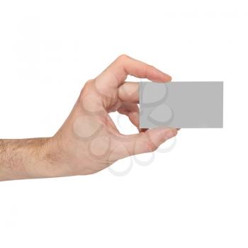 Gray card blank in a hand isolated on white.