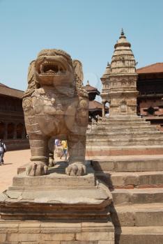 Old buddhistic statues on Bhaktapur Square. Kathmandu, Nepal