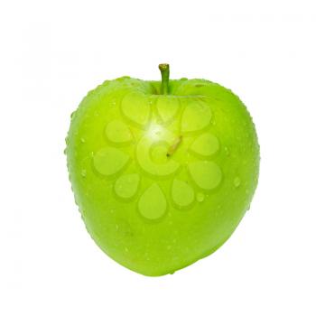 Green apple with caterpillar isolated on white.