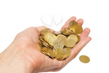 Many coins in cupped hands isolated on white.