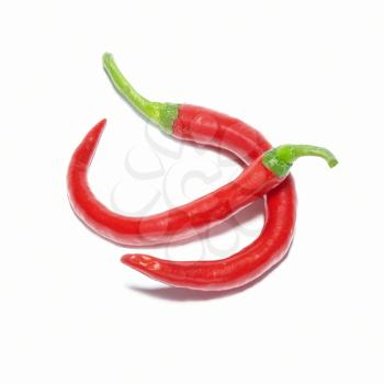 Two red hot chili peppers isolated on white