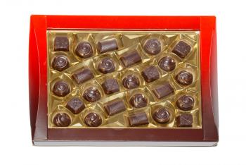 Sorted chocolate candies box isolated on white.