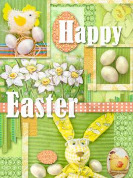 Happy easter greeting card. Holiday collage with drawn daffodils, abstract green patten, yellow rabbit, chiken, ribbon and eggs. Bright light green easter frame background.