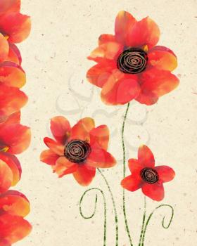 Floral card of isolated red poppy on decorative paper background. Vintage hand drown Invitation. Floral Card Design with Poppy. Illustration of Poppy Flower for Remembrance Day.