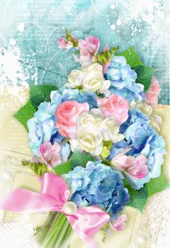 Beautiful bouquet with blooming hydrangea and rose flowers on grunge background. Can be used as greeting card, invitation card for wedding, birthday and other holiday.