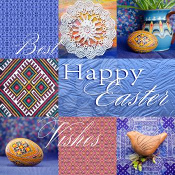 Easter holiday collage with napkin on wooden background, easter egg, jug, abstract patterns, and clay whistle. Colorful easter frame background.