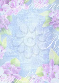 Tender light background composition with delicate lilac flower. Grunge background. Can be used for greeting card, invitation for wedding and other holiday events.