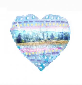 Abstract hand drawn. Watercolor heart. Valentine background. Love heart design. Photo collage with graphic silhouettes of trees.