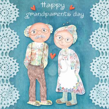 National happy grandparents day. A sweet illustration of senior man and woman couple on celadon lace-edged background. Lovely grandfather and grandmother. Can be used as card, flyer, poster.