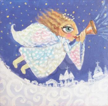Illustration of cute little christmas angel with trumpet. Hand painted Christmas picture.