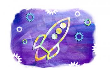 Illustration of a rocket ship in space against the background of stars. Beautiful spaceship flying among the stars. Cartoon style spaceship flies in the night sky through outer space. UFO day.