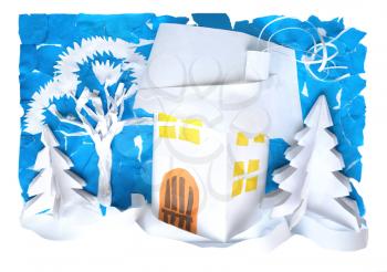 Winter landscape with a house made of paper. Paper plastic surround