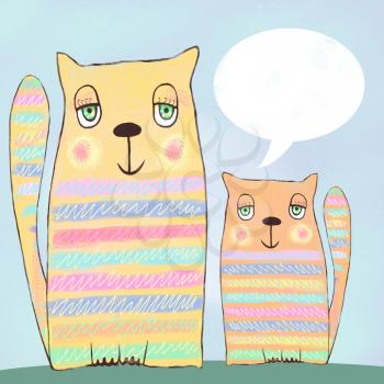 Cute funny cats with speech bubble on blue background. Cartoon illustration of two happy cats, who met on a date, sitting together and communicating, dreaming of something, ate to the full and relax.