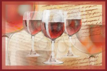 Holiday background with the handwritten text and set of wineglasses with red wine.  Greeting card or poster. Good for restaurant or bar menu design.Celebration illustration.