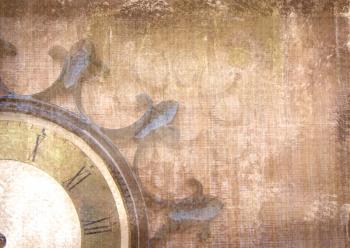 Fragment of the old vintage wall clock with roman numbers on a grunge background. Abstract composition for your design. Brown illustration of part clockface without arrows in the shape of ship wheel.