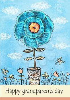 National Grandparents Day. Floral postcard. Beauty flower in a vase. Congratulations card. A Big flower with knitted petals in a pot.