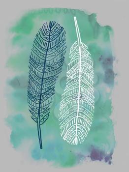 Black and white ornamental feathers. Hand drawn illustration. Closeup isolated on the green turquoise artistic watercolor spot background. Tribal art, ethnic, boho style.