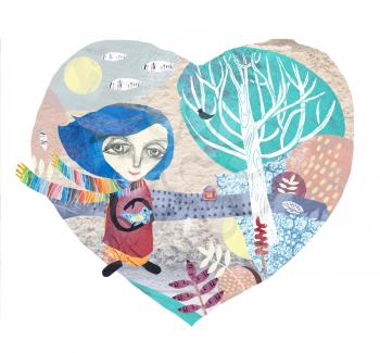 Heart-shaped composition with trees, clouds, bushes and plants. A girl wearing a colorful scarf holds a bird. An author's technique of collage using various paintings of textures.